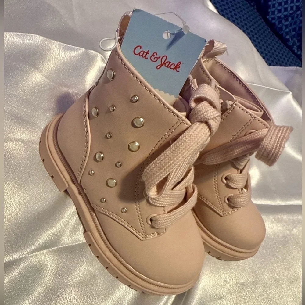 Cat & Jack Kids' Combat Boots Studded Pink Girl Sz 7 Toddler Lace up   Coquette
